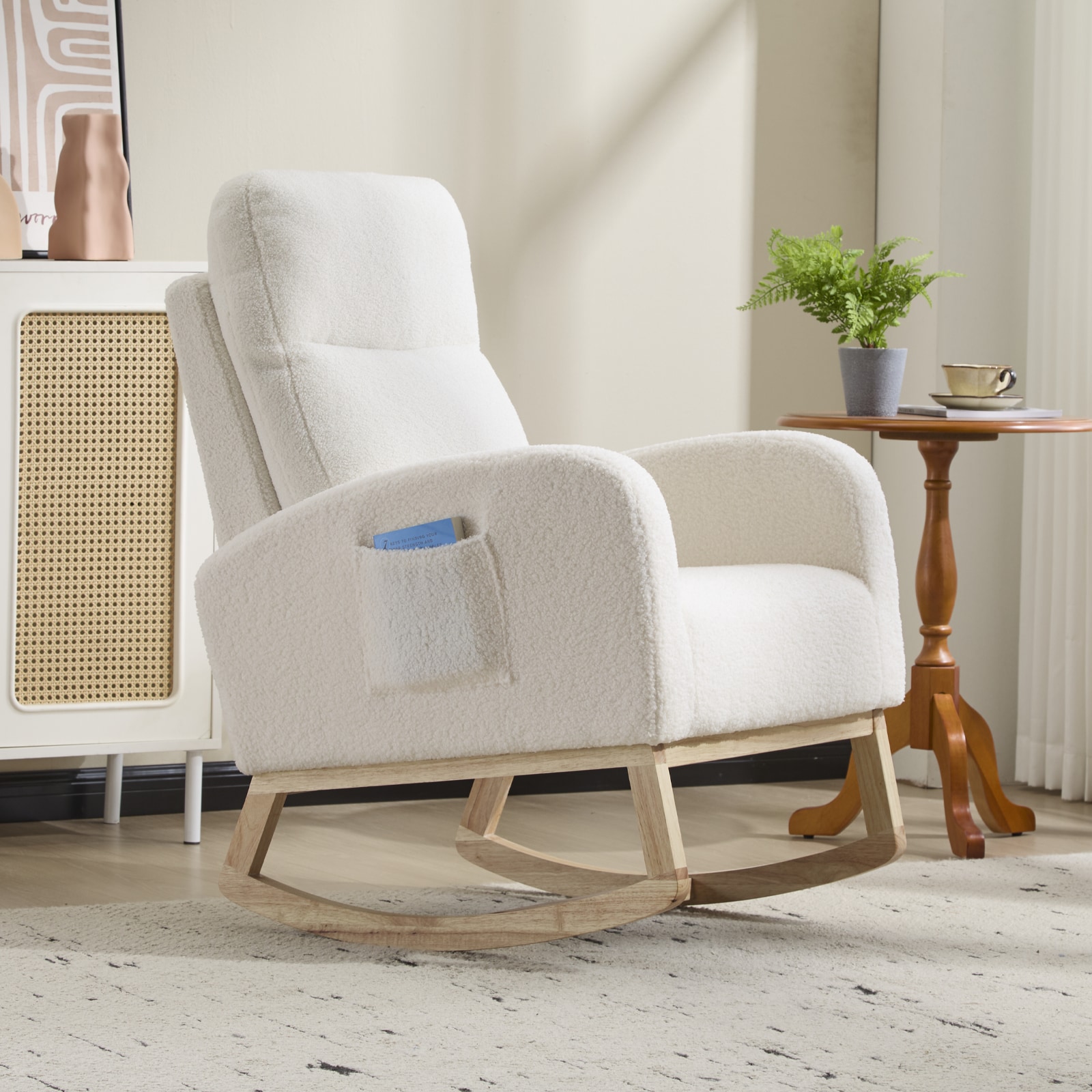 Modern Accent Rocking Chair Rocking Chair With Solid Wood Legs, Upholstered Nursery Glider Rocker, Comfy Armchair With Side Pocket, Living Room Lounge Arm Chair With High Backrest (White,teddy)_voghion.com